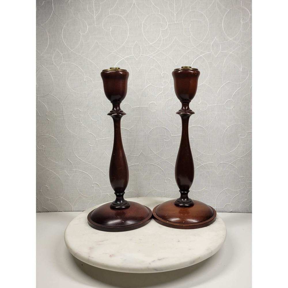 Vintage Wood Taper Candle Holders Set 13.5" Tall Brown Brass Insert Colonial